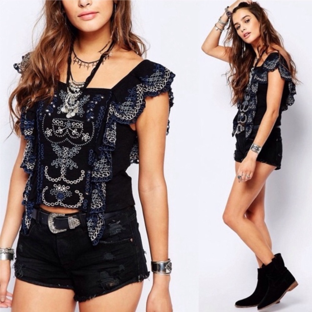 FREE PEOPLE Eyelet Embroidered Ruffled Tank Top—XS